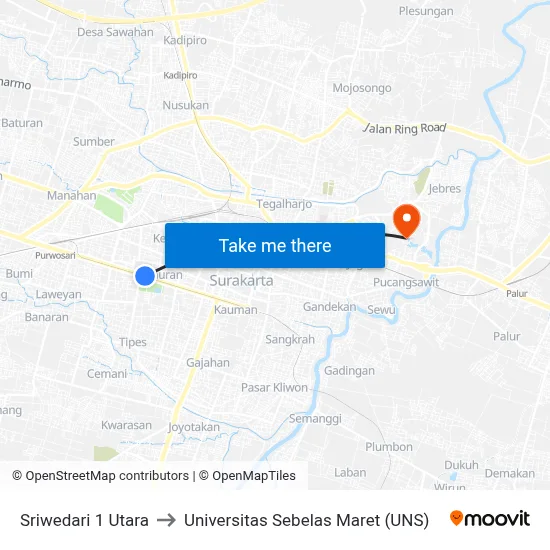 Sriwedari 1 Utara to Universitas Sebelas Maret (UNS) map