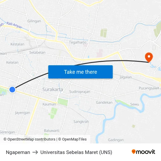 Ngapeman to Universitas Sebelas Maret (UNS) map