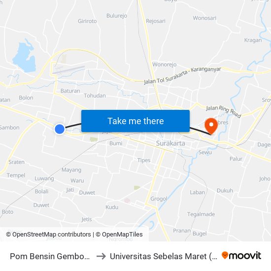 Pom Bensin Gembongan to Universitas Sebelas Maret (UNS) map