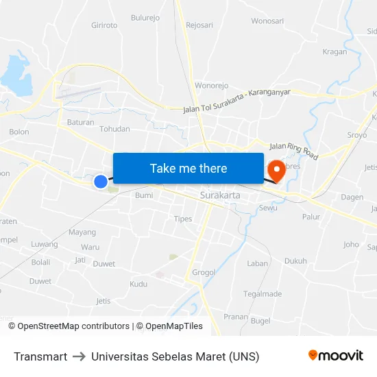 Transmart to Universitas Sebelas Maret (UNS) map