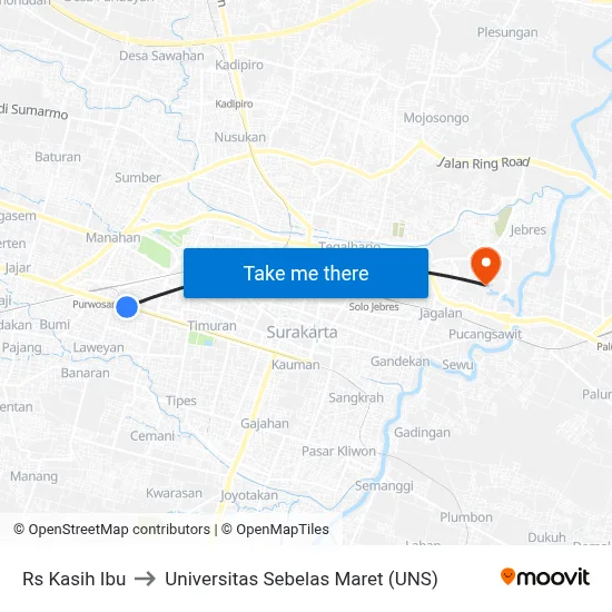 Rs Kasih Ibu to Universitas Sebelas Maret (UNS) map
