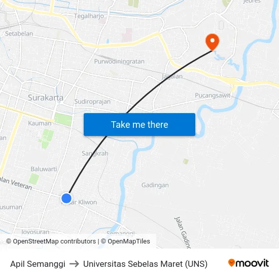 Apil Semanggi to Universitas Sebelas Maret (UNS) map