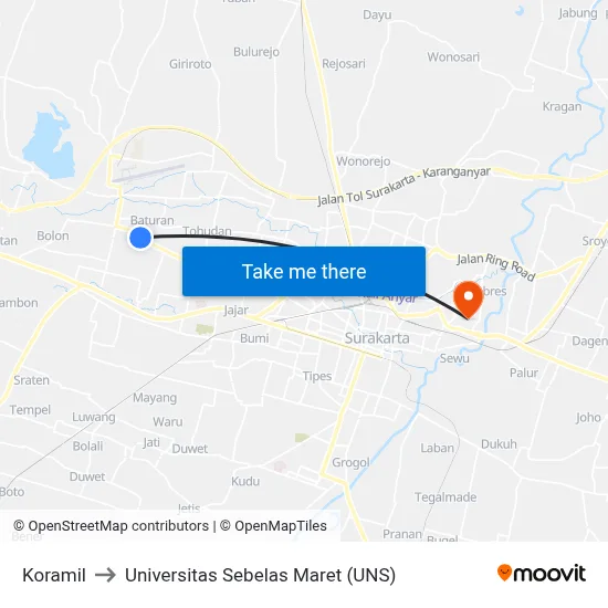 Koramil to Universitas Sebelas Maret (UNS) map