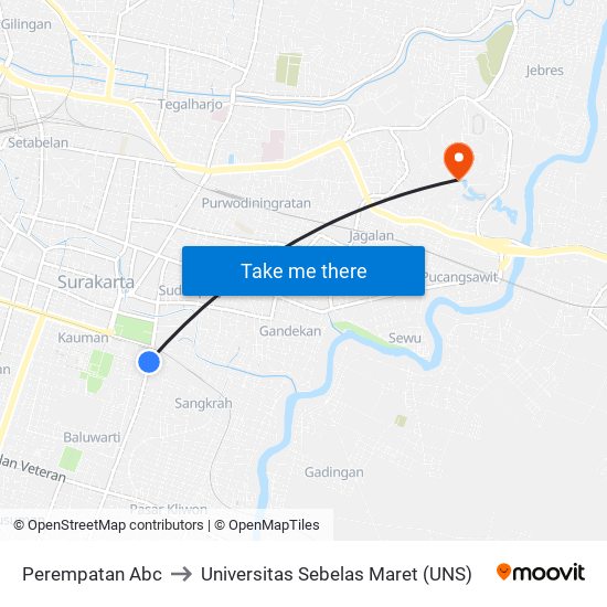 Perempatan Abc to Universitas Sebelas Maret (UNS) map