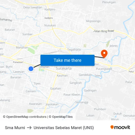 Sma Murni to Universitas Sebelas Maret (UNS) map