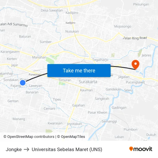 Jongke to Universitas Sebelas Maret (UNS) map