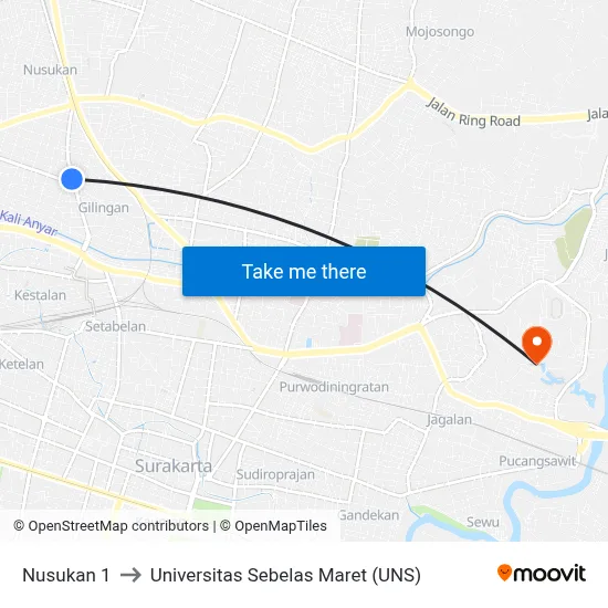 Nusukan 1 to Universitas Sebelas Maret (UNS) map
