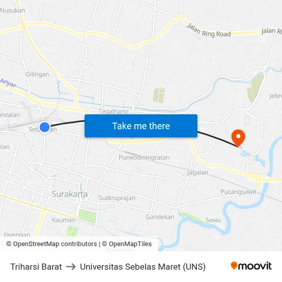 Triharsi Barat to Universitas Sebelas Maret (UNS) map