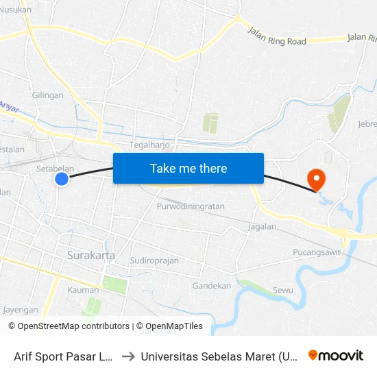 Arif Sport Pasar Legi to Universitas Sebelas Maret (UNS) map