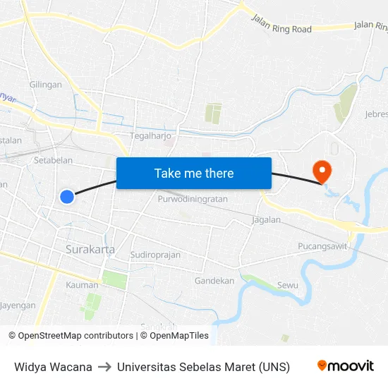 Widya Wacana to Universitas Sebelas Maret (UNS) map