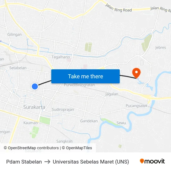 Pdam Stabelan to Universitas Sebelas Maret (UNS) map