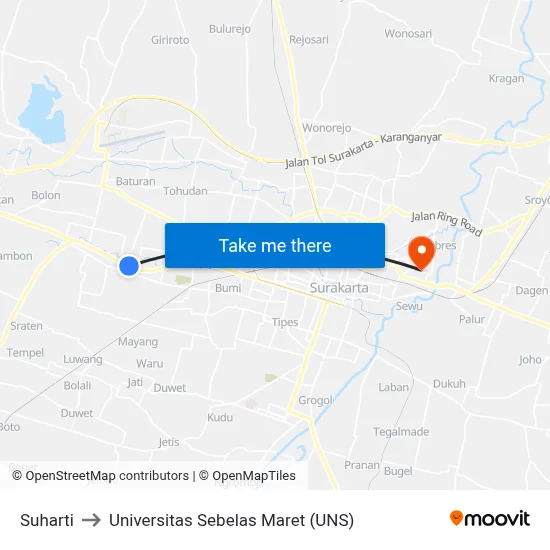 Suharti to Universitas Sebelas Maret (UNS) map
