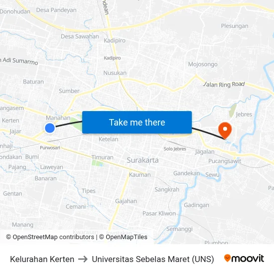 Kelurahan Kerten to Universitas Sebelas Maret (UNS) map