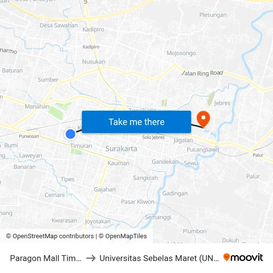 Paragon Mall Timur to Universitas Sebelas Maret (UNS) map