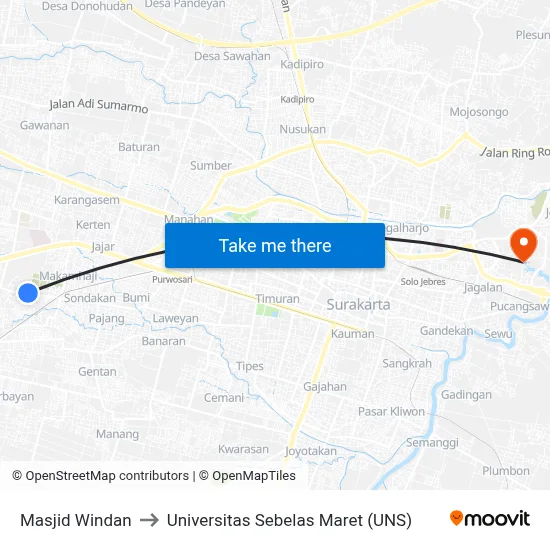 Masjid Windan to Universitas Sebelas Maret (UNS) map