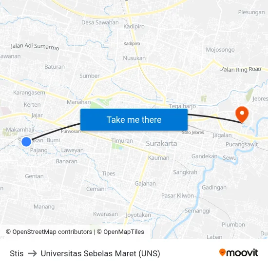 Stis to Universitas Sebelas Maret (UNS) map
