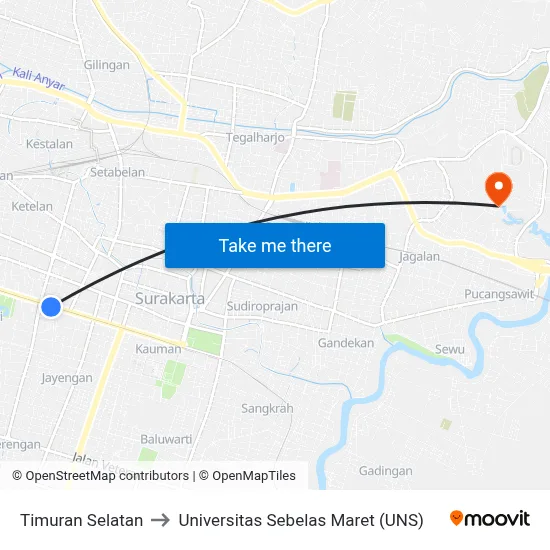 Timuran Selatan to Universitas Sebelas Maret (UNS) map