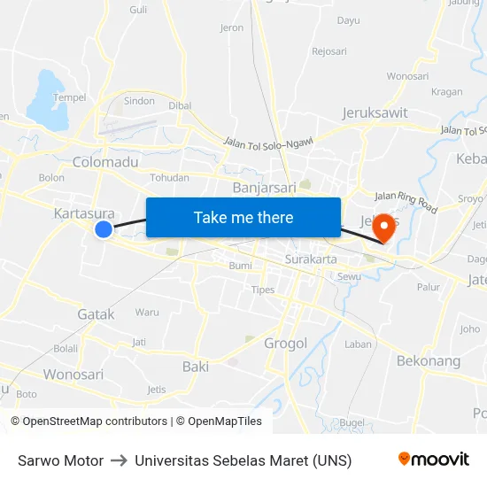 Sarwo Motor to Universitas Sebelas Maret (UNS) map