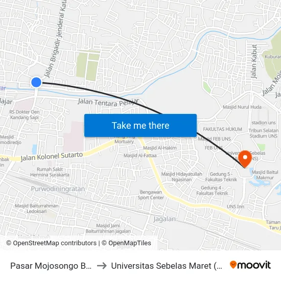 Pasar Mojosongo Barat to Universitas Sebelas Maret (UNS) map