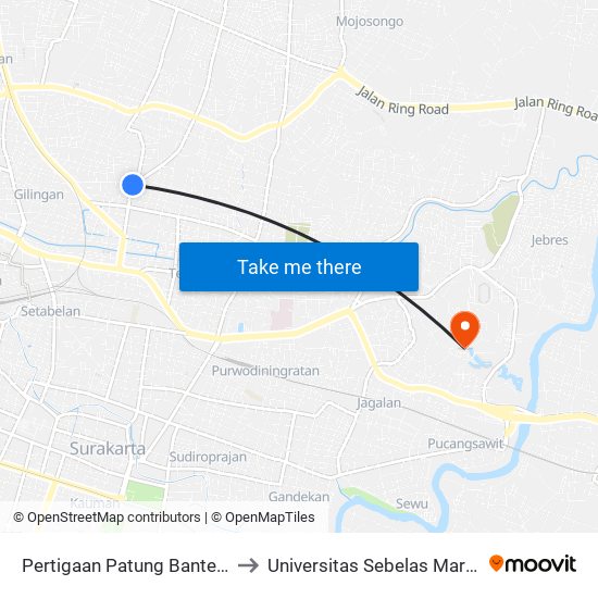 Pertigaan Patung Banteng Bibis to Universitas Sebelas Maret (UNS) map