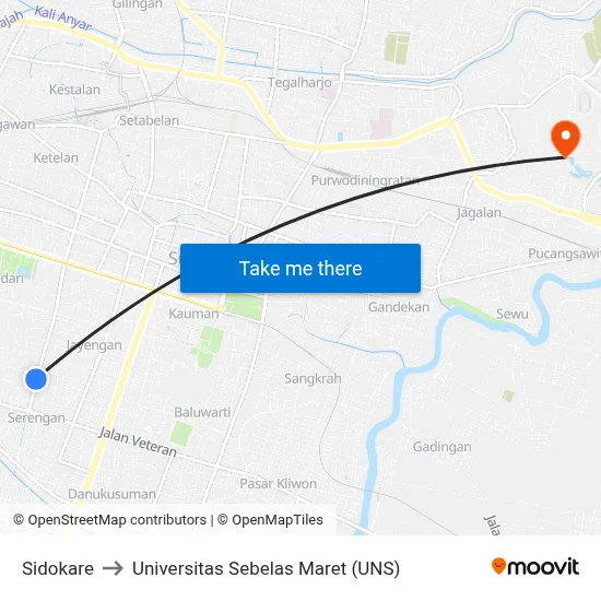 Sidokare to Universitas Sebelas Maret (UNS) map