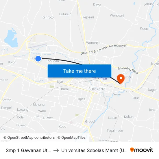 Smp 1 Gawanan Utara to Universitas Sebelas Maret (UNS) map
