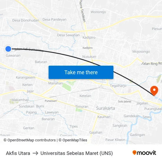Akfis Utara to Universitas Sebelas Maret (UNS) map