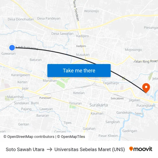 Soto Sawah Utara to Universitas Sebelas Maret (UNS) map