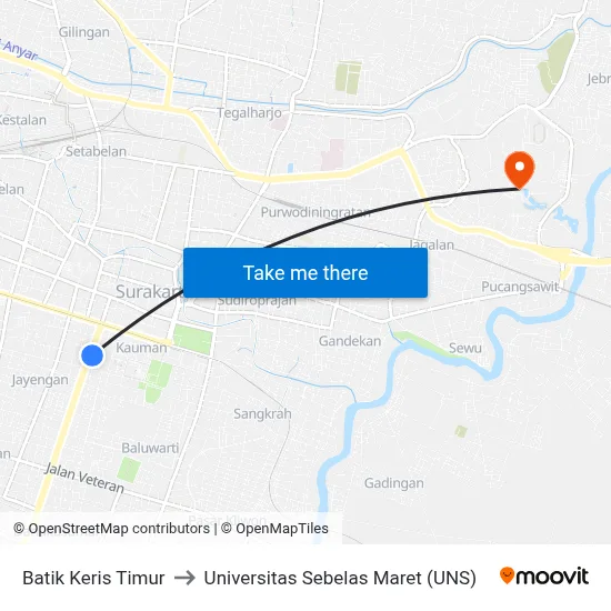 Batik Keris Timur to Universitas Sebelas Maret (UNS) map