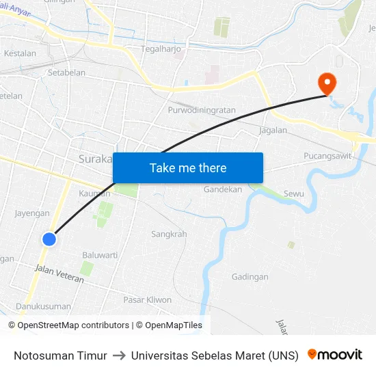 Notosuman Timur to Universitas Sebelas Maret (UNS) map