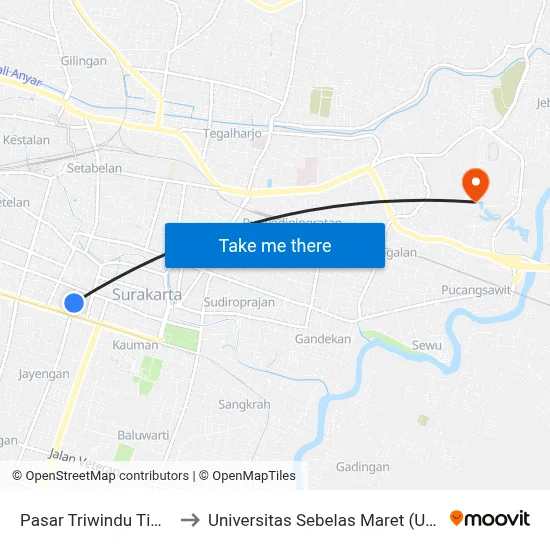 Pasar Triwindu Timur to Universitas Sebelas Maret (UNS) map