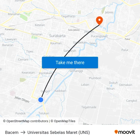 Bacem to Universitas Sebelas Maret (UNS) map