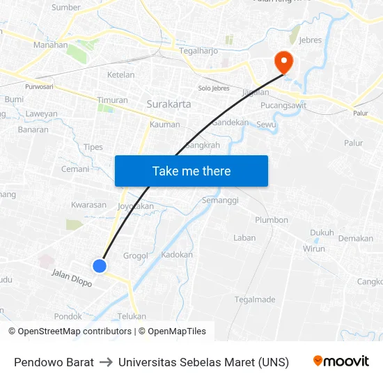 Pendowo Barat to Universitas Sebelas Maret (UNS) map