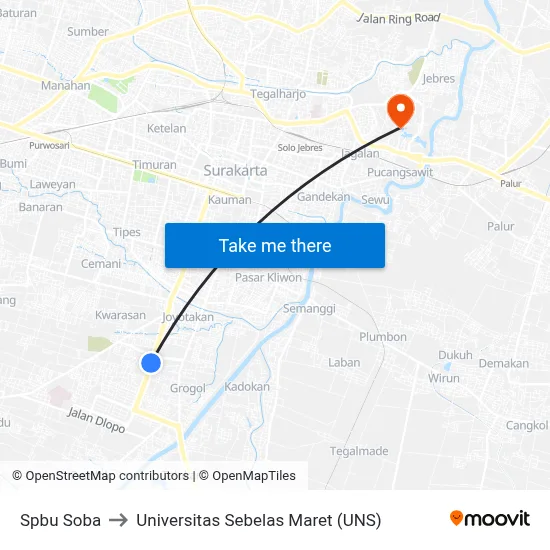 Spbu Soba to Universitas Sebelas Maret (UNS) map