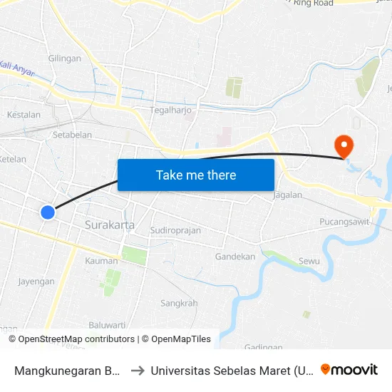 Mangkunegaran Barat to Universitas Sebelas Maret (UNS) map