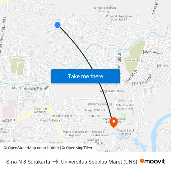 Sma N 8 Surakarta to Universitas Sebelas Maret (UNS) map