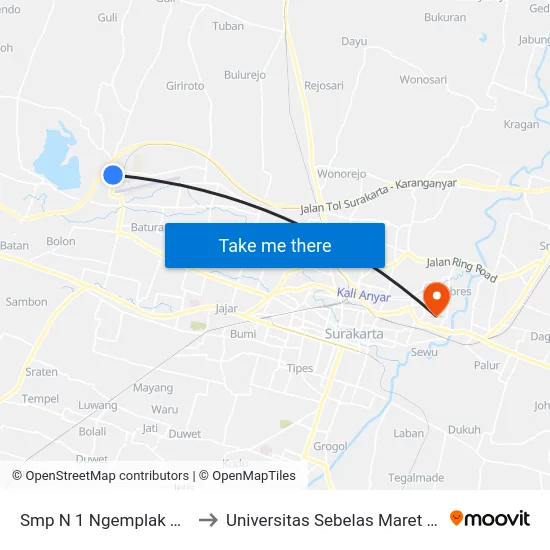 Smp N 1 Ngemplak Timur to Universitas Sebelas Maret (UNS) map