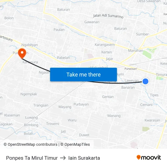 Ponpes Ta Mirul Timur to Iain Surakarta map