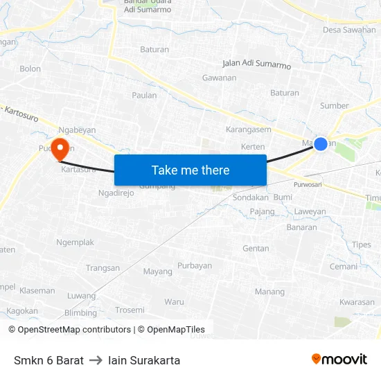 Smkn 6 Barat to Iain Surakarta map