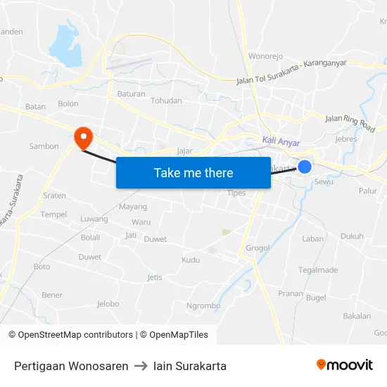 Pertigaan Wonosaren to Iain Surakarta map