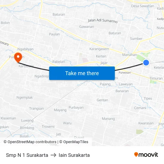 Smp N 1 Surakarta to Iain Surakarta map