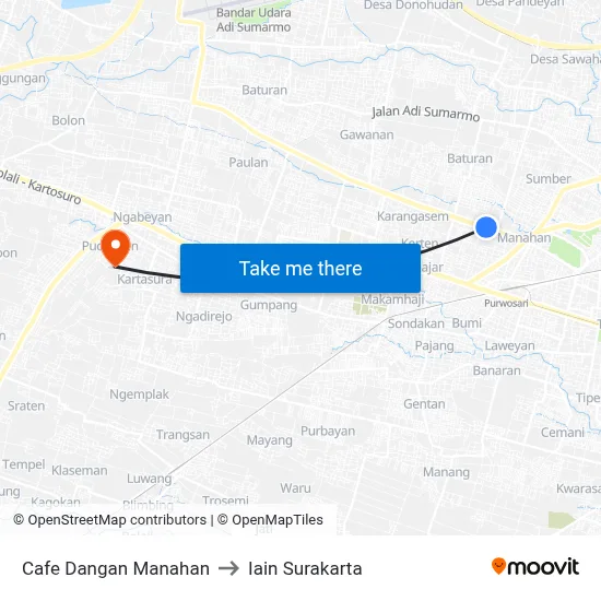 Cafe Dangan Manahan to Iain Surakarta map
