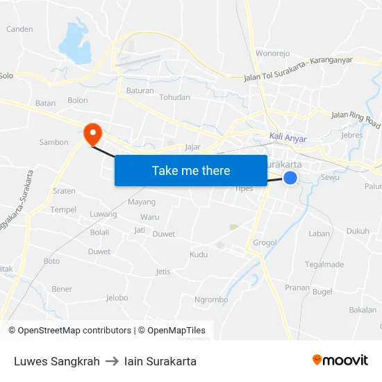Luwes Sangkrah to Iain Surakarta map