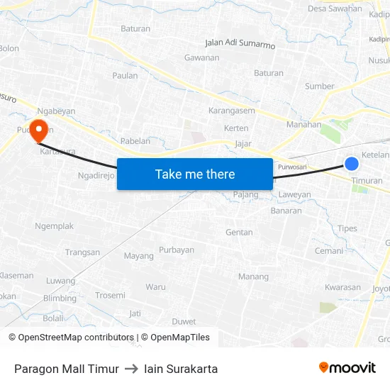 Paragon Mall Timur to Iain Surakarta map