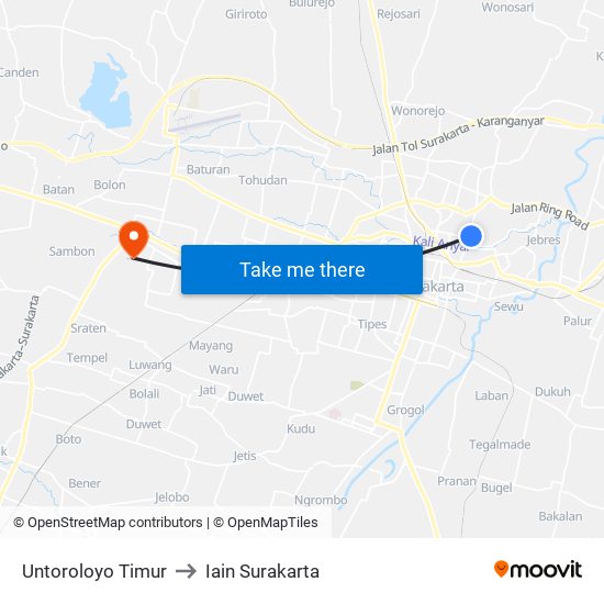 Untoroloyo Timur to Iain Surakarta map