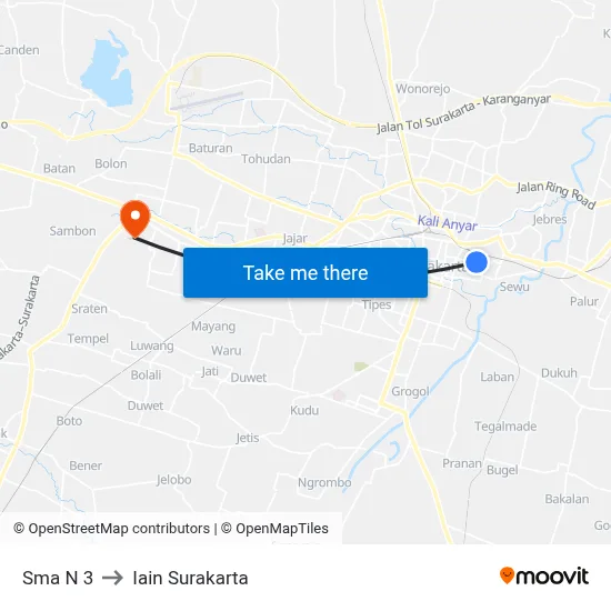 Sma N 3 to Iain Surakarta map