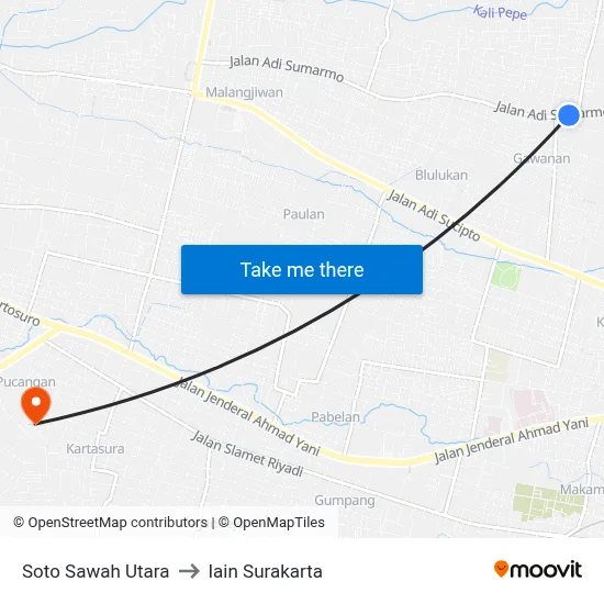 Soto Sawah Utara to Iain Surakarta map