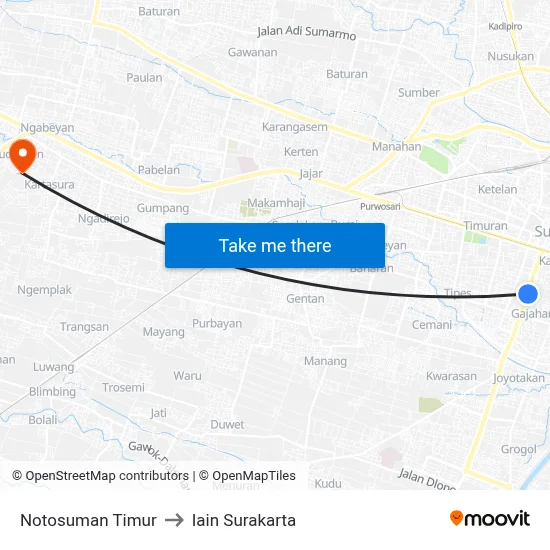 Notosuman Timur to Iain Surakarta map