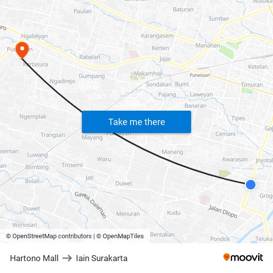 Hartono Mall to Iain Surakarta map