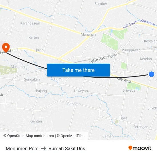 Monumen Pers to Rumah Sakit Uns map